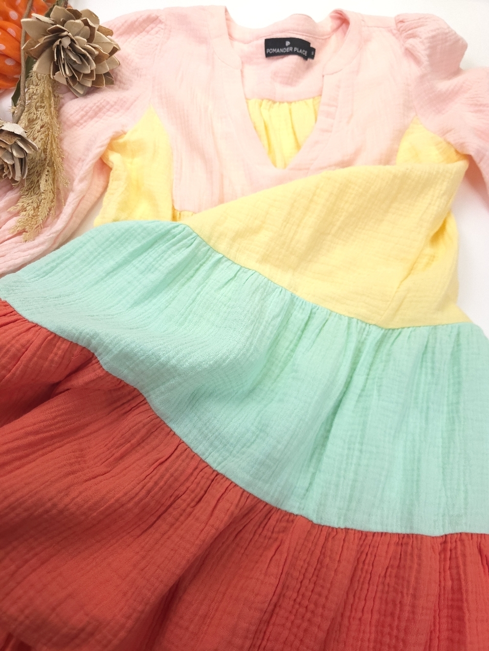New Tuckernuck Pomander Place Colorblock Tiered Dress Pink Yellow Mint Red Sz S - Picture 7 of 13